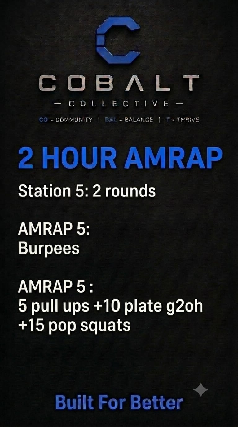 Station 5: Burpees, pull ups, plate g2oh, and pop squats